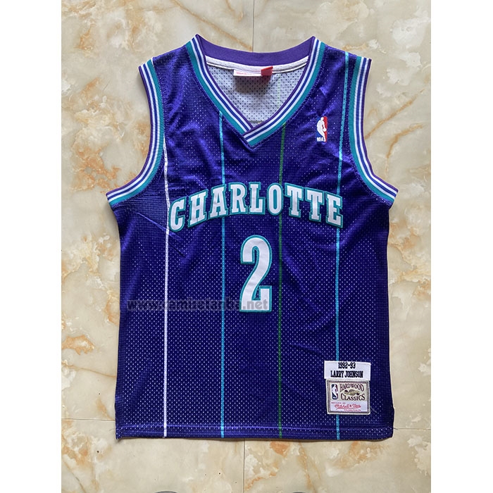 Camiseta Nino Charlotte Hornets Larry Johnson #2 Mitchell & Ness 1992-93 Violeta